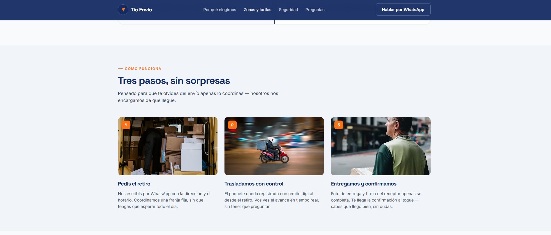 Landing page de Tío Envío, paquetería y cadetería urbana, por ZUVIX STUDIO
